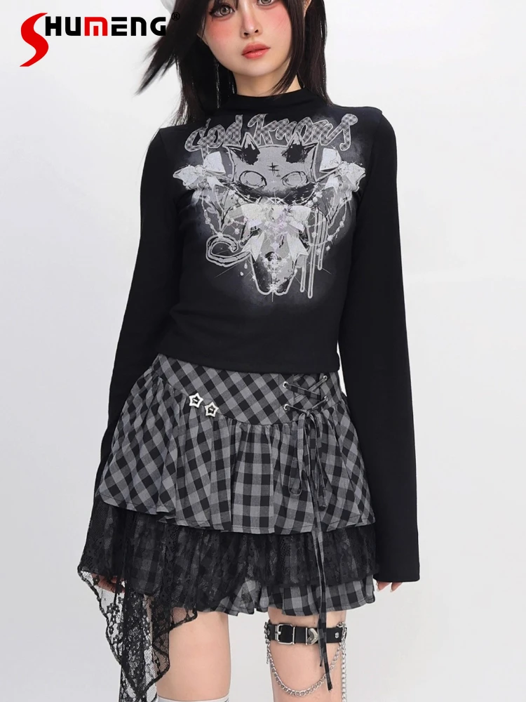 

Original Subculture Sweet Cool Girl Y2K Top High Neck Long Sleeve Cartoon Print Versatile Stretch Slim Shirts Top Women Autumn