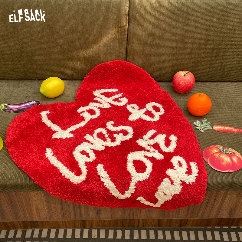 

ELFSACK 2025 Autumn New Arrivals Y2K Letter Heart Red Plush Rug Floor Mat