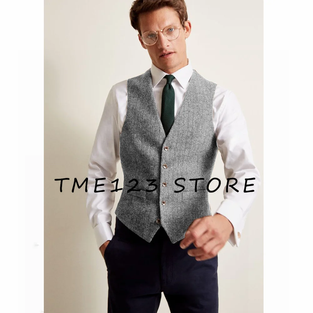 New Herringbone Pattern Men's Business Vest Single Breasted Casual Men's Vest Steampunk Waistcoat Suit Male Elegant Man Suit