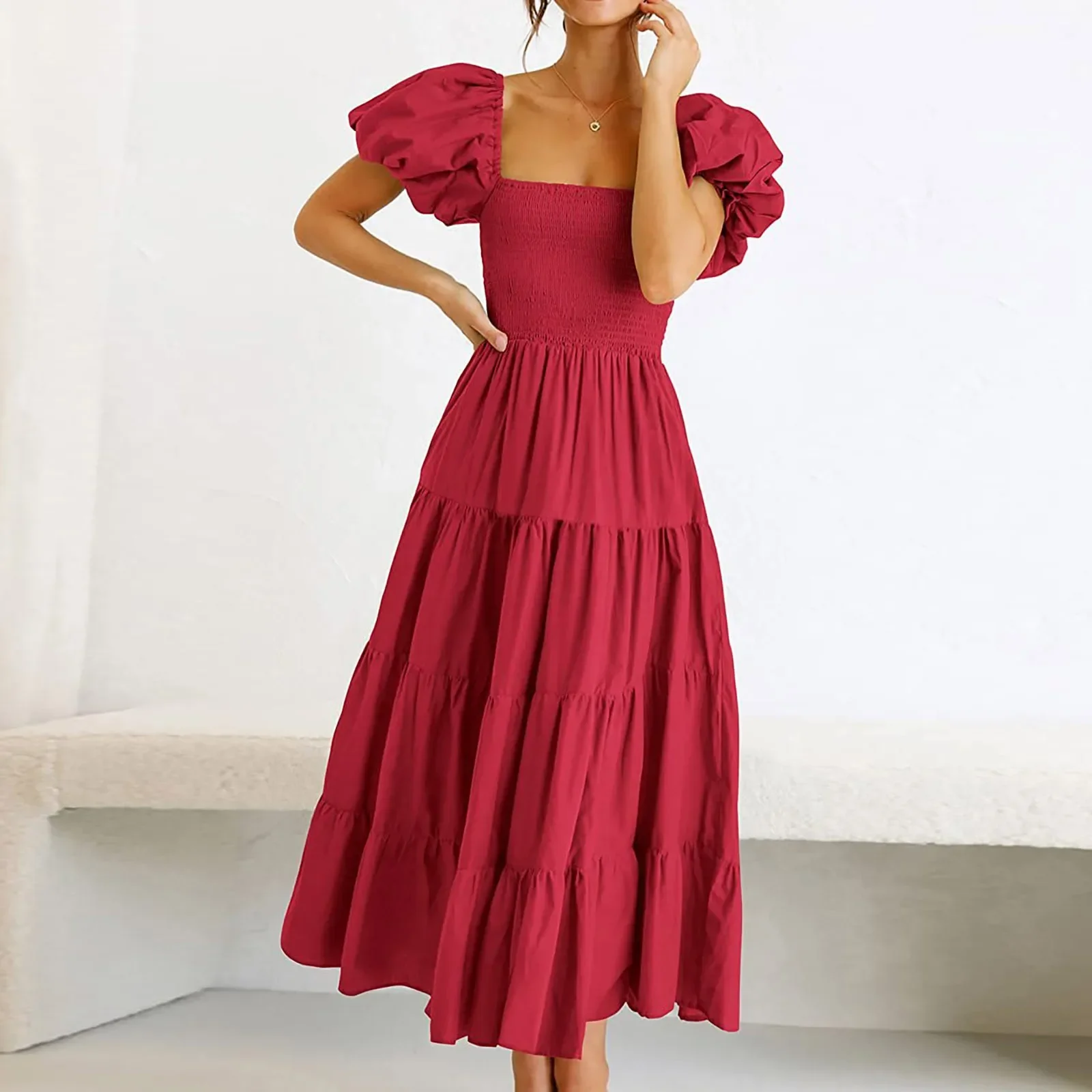 

Sexy Ruffles Women Puffed Sleeves Dress Square Neck Bow A Line High Waist Floral Dresses Summer Girls Princess Pleated Dresses