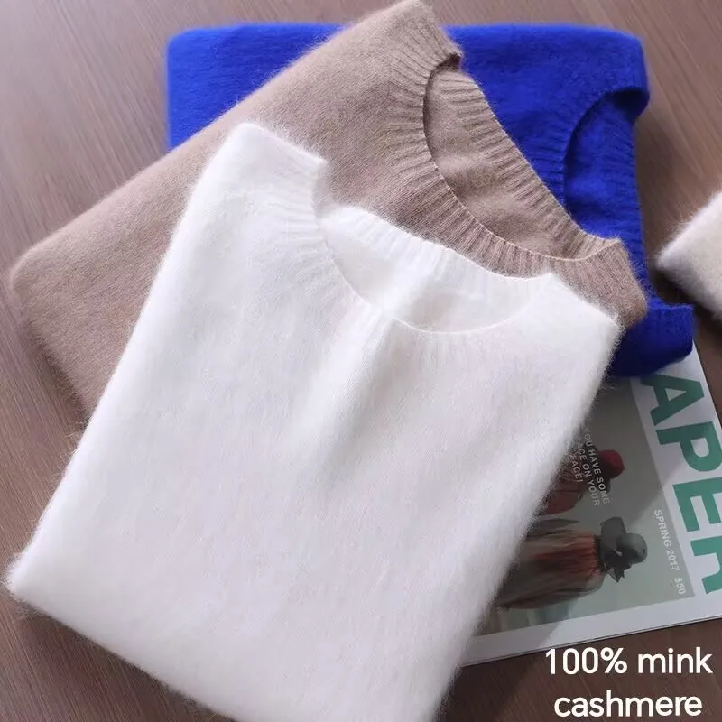 

Round Neck 100% Mink Fur Sweater Women's Pullover Versatile Solid Color Autumn Winter High-End loose Knit Sweater Korean Version