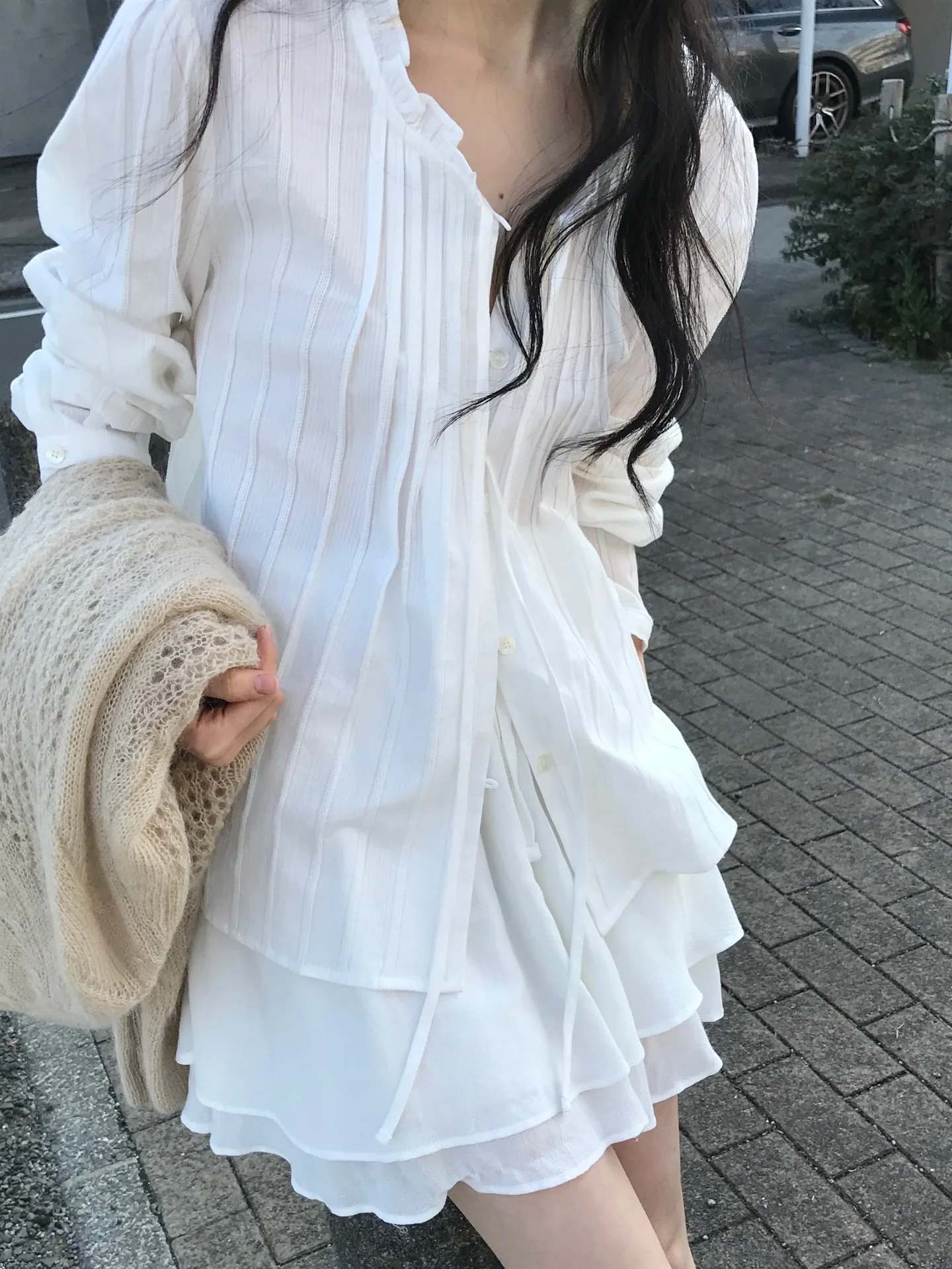 

White Moonlight Archivejtou Set with Wood Grain Collar Pleated Shirt Double Layer Short Skirt Women's Business Casual Lo...