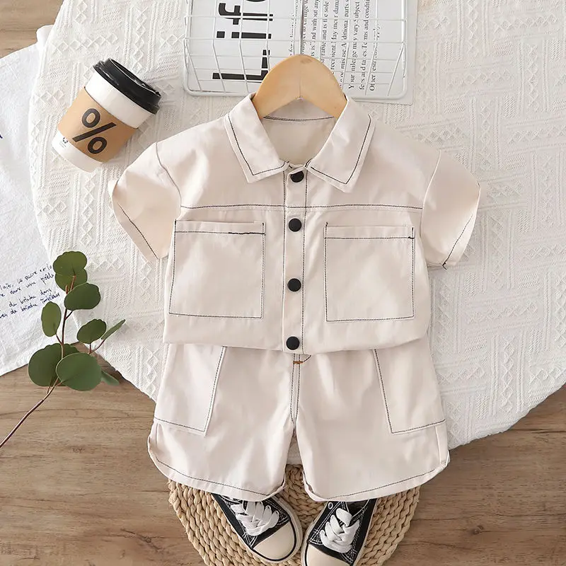 New Kids Boys Summer Clothes Solid Worker Wear Children Clothing Boy Short Sleeve T-Shirts Short Pants Tracksuit Suit Set