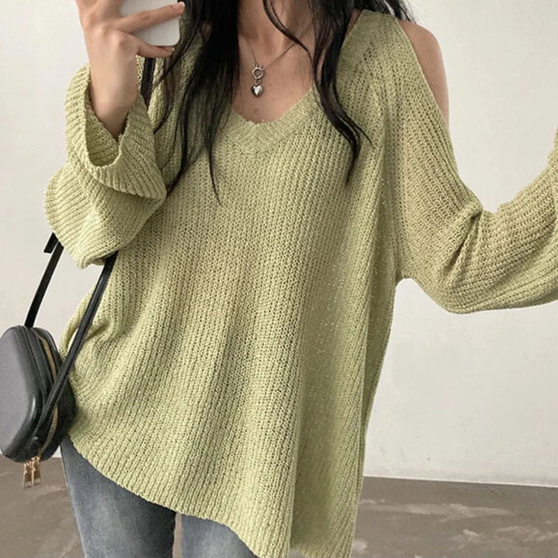 HELIAR Women Hollow Out Off Shoulder Sweater V-Neck Long Sleeve Loose Thin Jumpers Knit Streetwear Top Women 2024 Autumn Winter