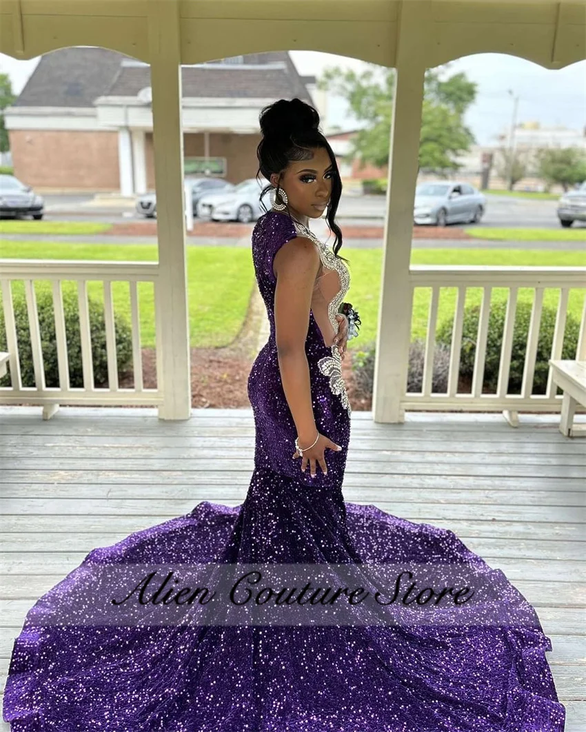 Abiti da ballo lunghi a sirena con paillettes viola scuro di lusso Abito da sera con perline di cristallo scintillante Abito da compleanno elegante personalizzato