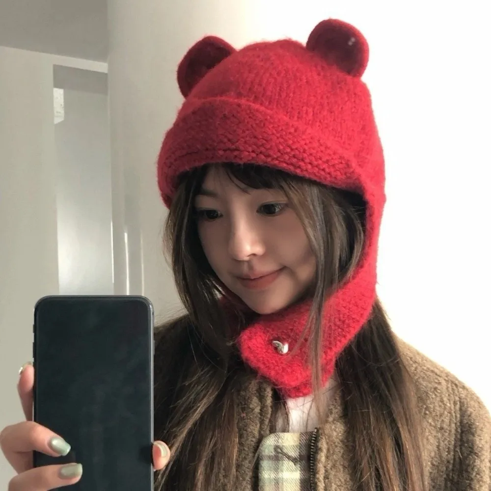

Kawaii Cute Bear Ear Knitted Cap Y2k Sweet Warm Beanie Hats Winter Autumn Soft Ear Protection Cap Ski