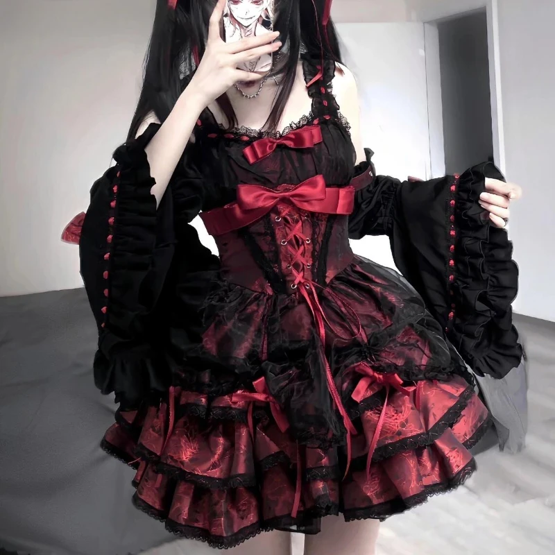 

Y2k японское готическое платье Лолиты Jsk женское платье в стиле Харадзюку с бантом и кружевом с оборками вечерние мини-платья в стиле панк Kawaii черный красный Vestidos