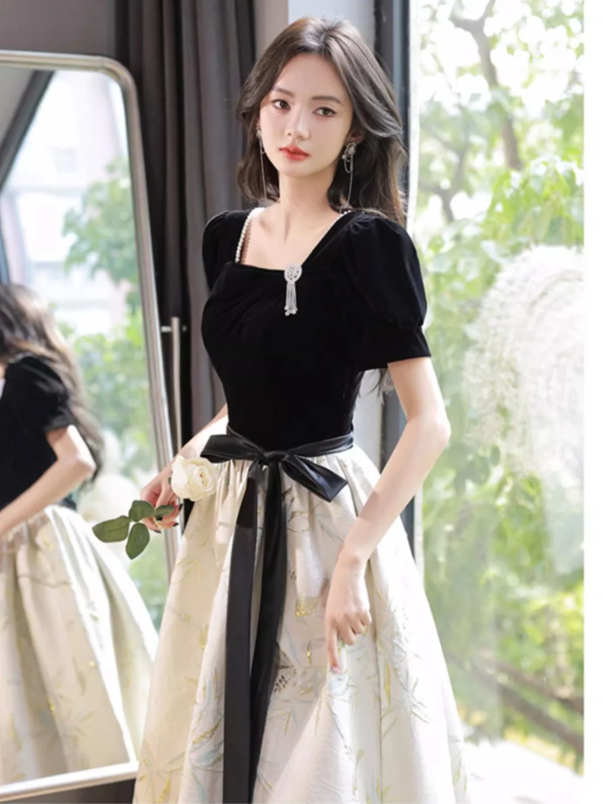 

Elegant Long Evening Gown Women's plus Size High Waist Short Sleeve Floor Length Sound Music Performance Art Exam Dress