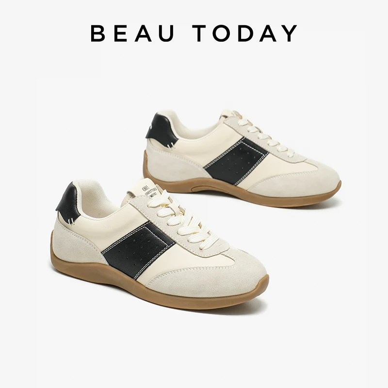 

BEAUTODAY Casual Sneakers Women Suede Leather Patchwork Round Toe Sewing Outdoor Trainers Lace-Up Ladies Shoes Handmade 29900