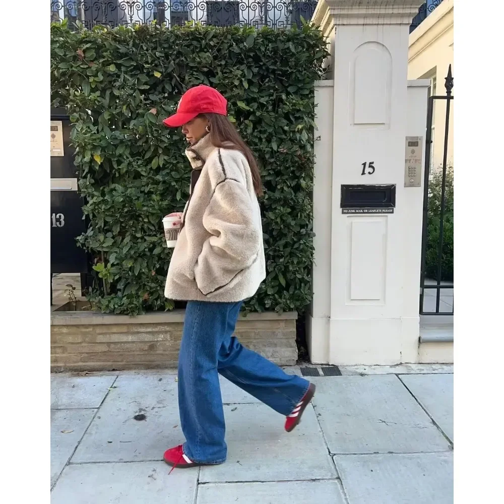 دافئ فضفاض جديد ملابس خارجية السيدات البيج كم طويل سترات رجالي الياقة المدورة الصوف امرأة معاطف علوية الإناث سميكة