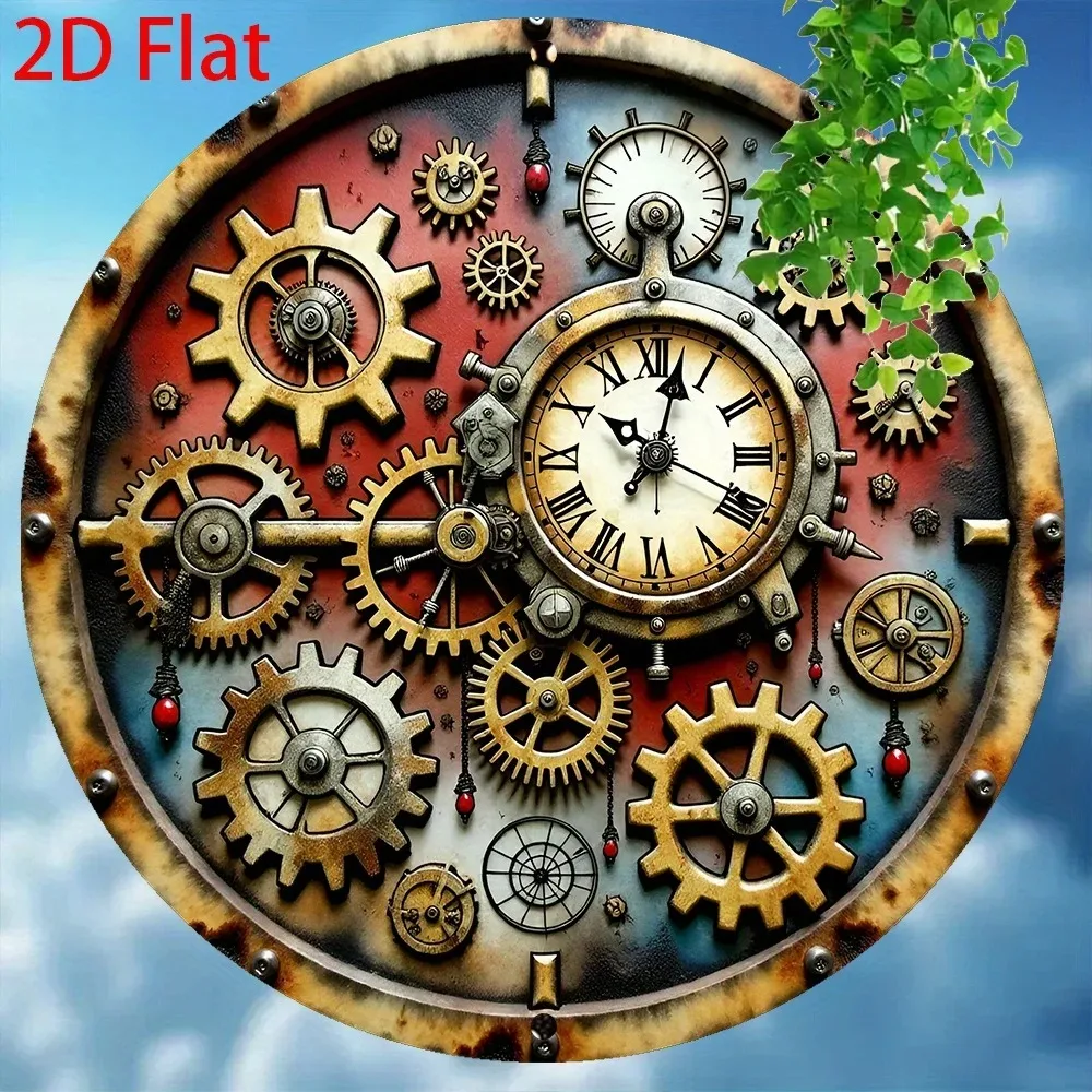 Steampunk Metal Gear Wall Art, 2D Round Vintage Rustic Red Blue Sign for Home Kitchen Bar