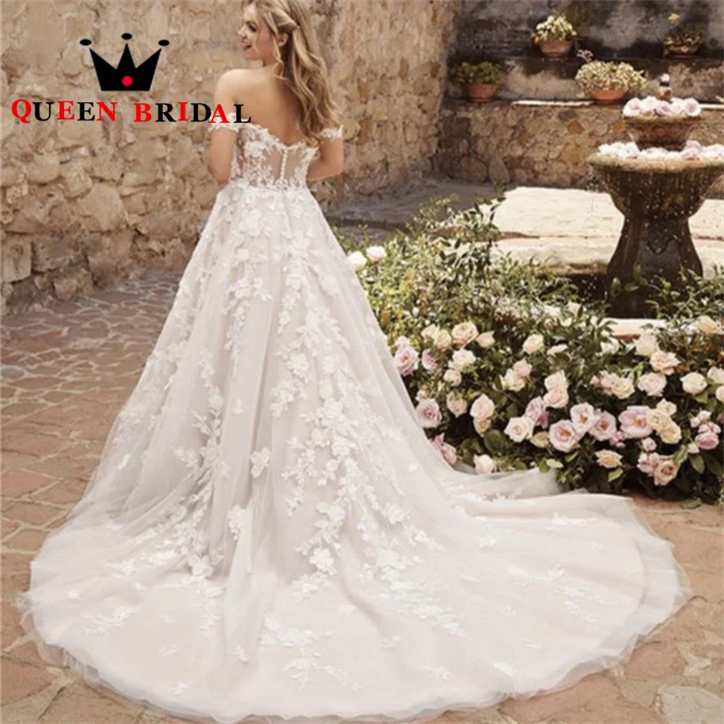 Elegant A Line Off The Shoulder Wedding Dresses Appliques Lace Deep V Sleeveless Bridal Gowns Vestidos De Novia Custom S27Y