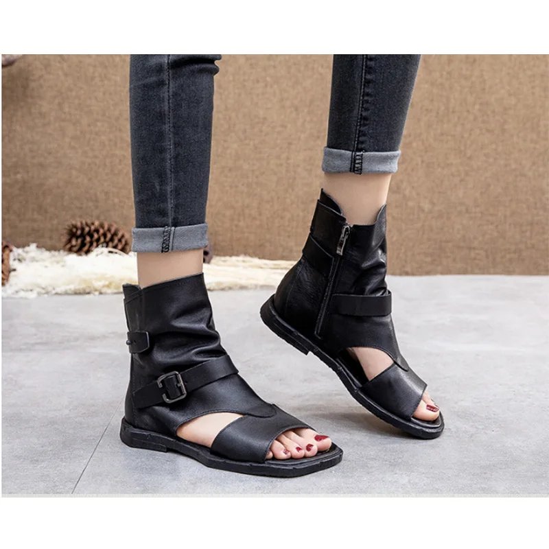 Spring 2021 new leather vintage handmade open-toe side zipper flat flat boots and sandals for women