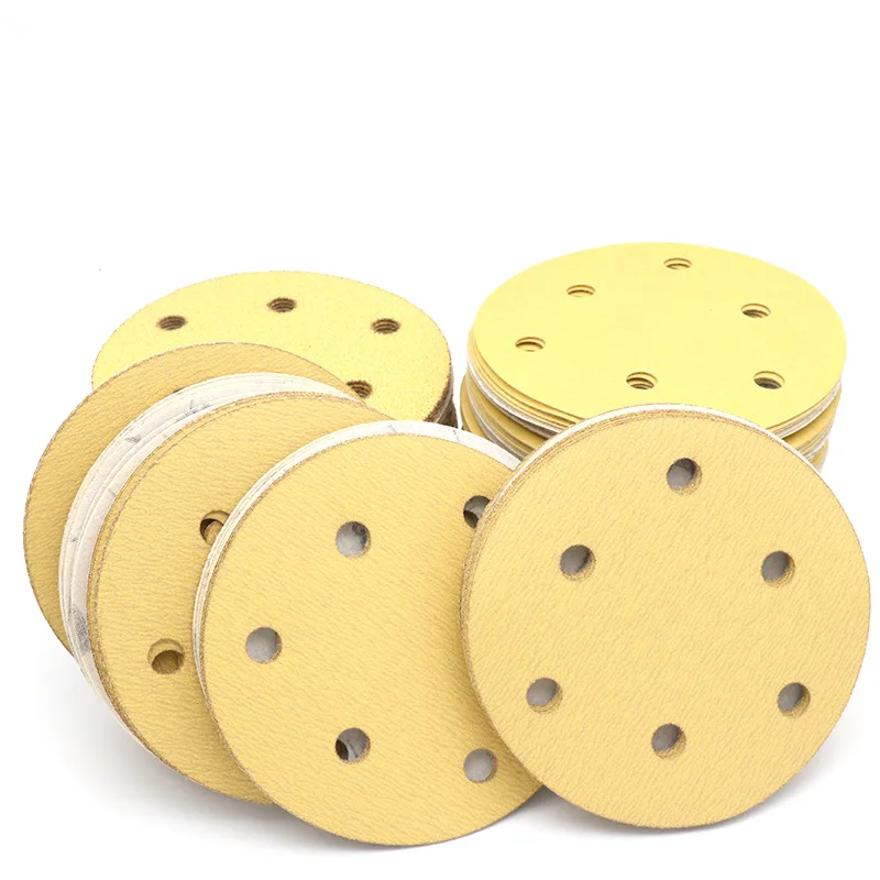 5pcs 5" 125mm Yellow Flocked Sandpaper Disc With 6-holes Grit 60-800# Hook&Loop Abrasive Grinding Polishing Pad for Dremel Tools