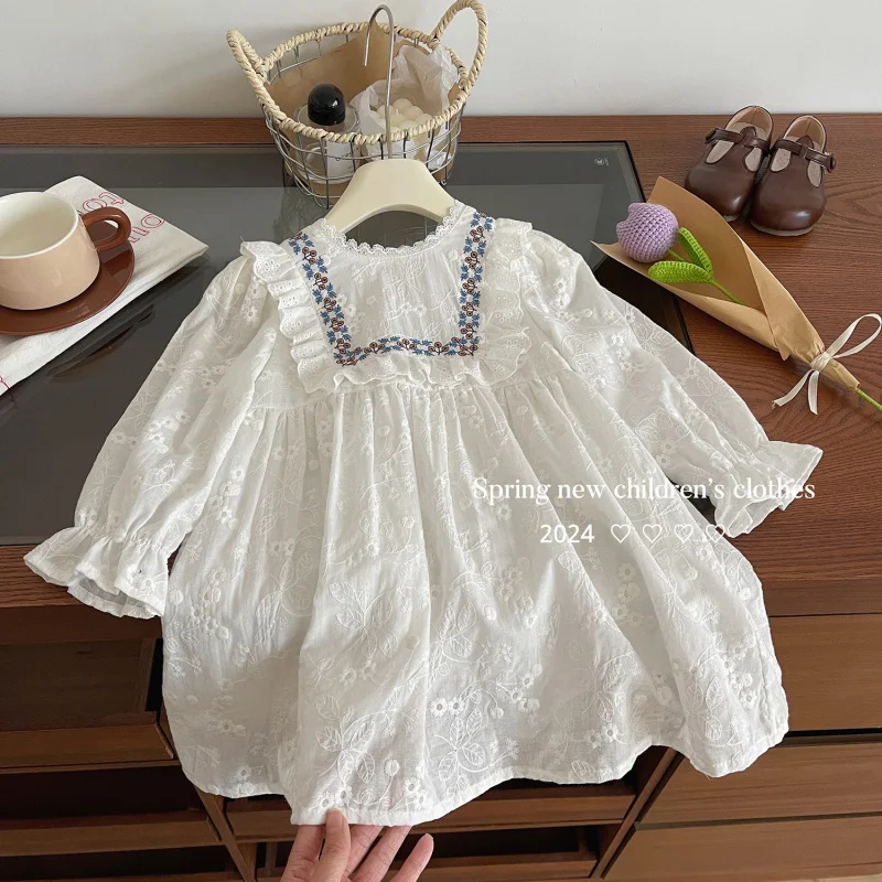 

Girls' Dress Spring New Lace Trim Round Neck Long Sleeve Solid Color Princess Dress