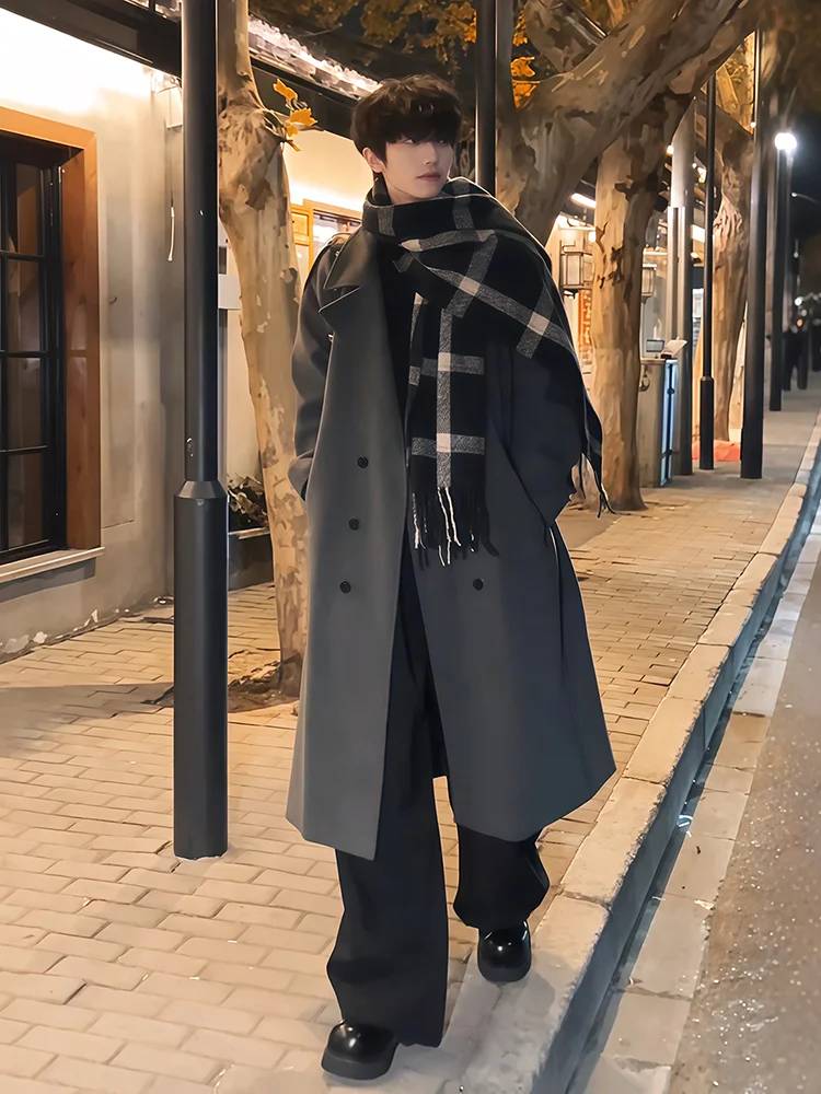 

Korean Sle Men's Woolen Coat Double Row Buttons Briti Sle Windbreaker Outerwear Mid-Length Faionable Autumn Winter