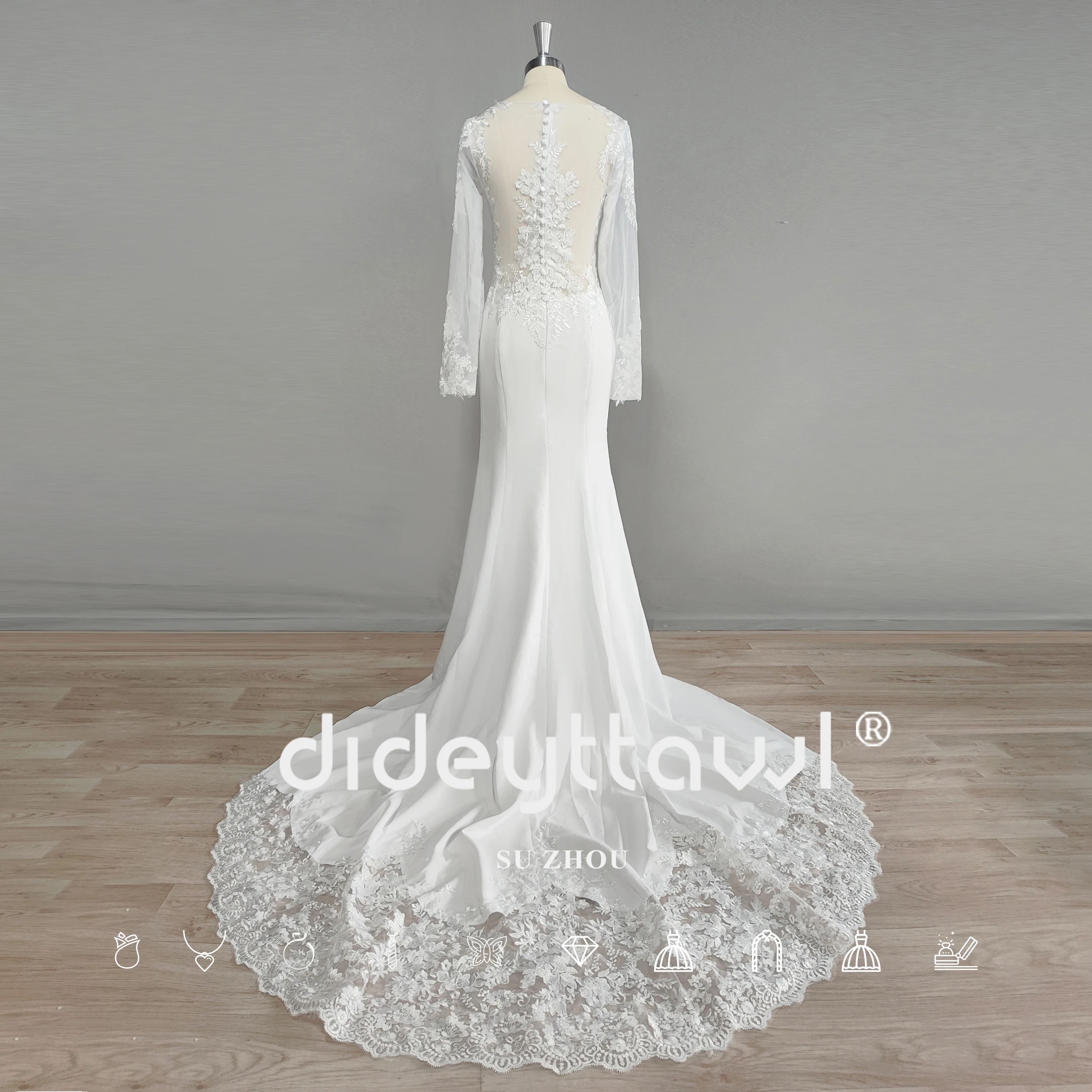 Dideyttawl Real Photo Long Sleeves Lace Mermaid Wedding Dress Appliques O Neck Sheer Back Court Train Bride Gown