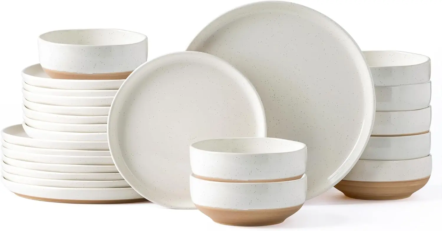 AmorArc Ceramic Dinnerware Sets for 8, 24 Pieces Handpainted Plates and Bowls Set with Rustic Terracotta Underside, Scratch