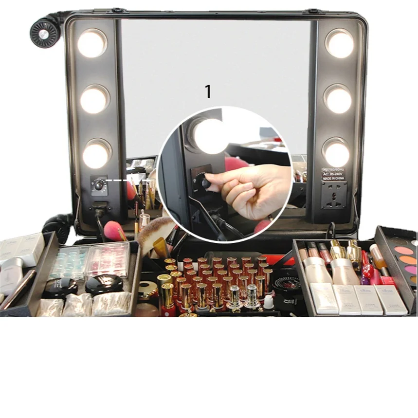 TE 24inch lighted 6bulbs makeup carry case cometices boxes with rolling travel make-up fill light case for beauty