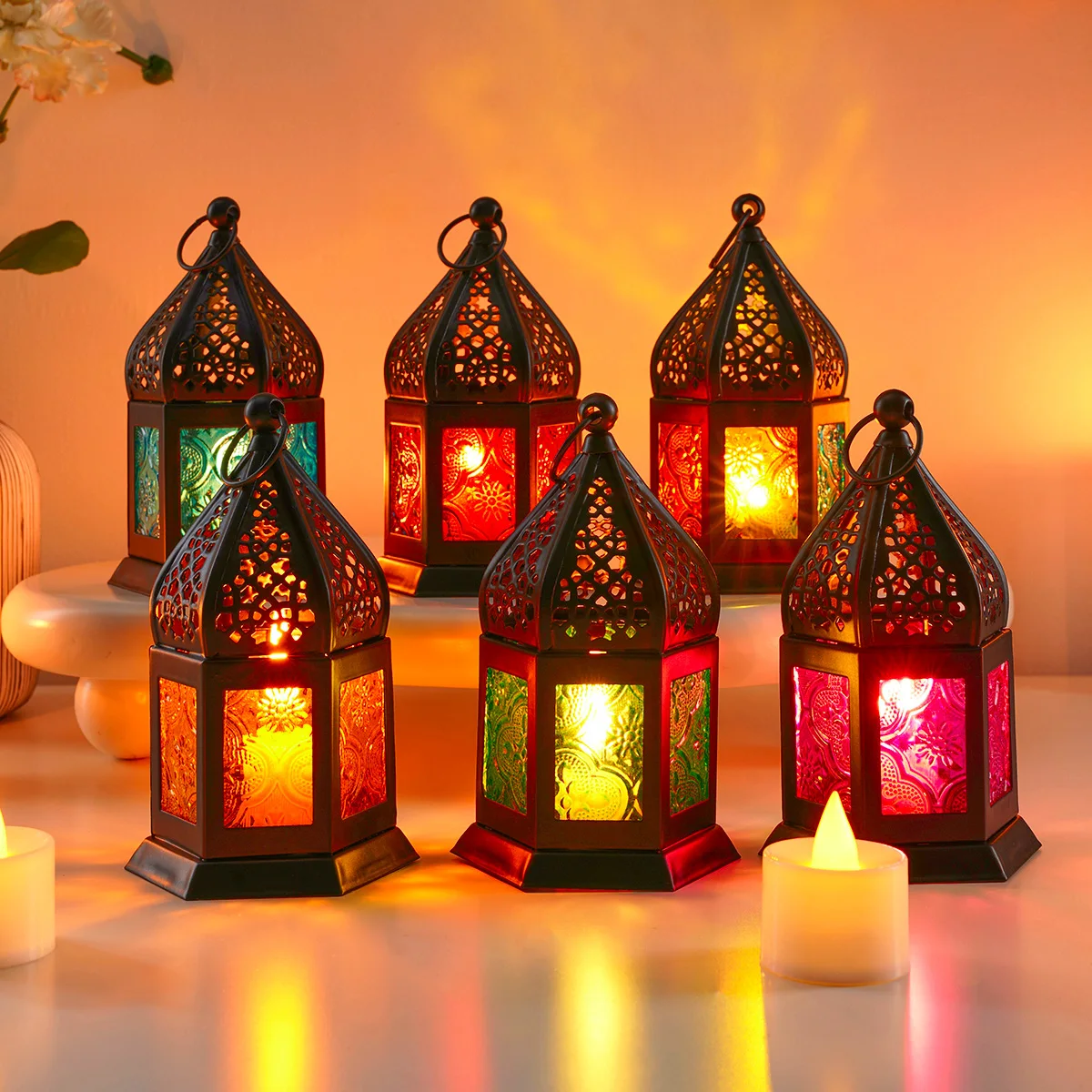 1 Piece, Christmas Decorations Christmas Decorative Candlestick, Colored Glass Bead Hollowed-Out Metal Candlestick