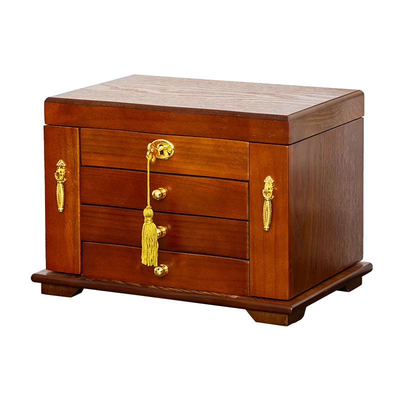 

Solid wood jewelry box with lid and lock jewelry storage box Wooden multi-layer large-capacity three-layer earrings jewelry