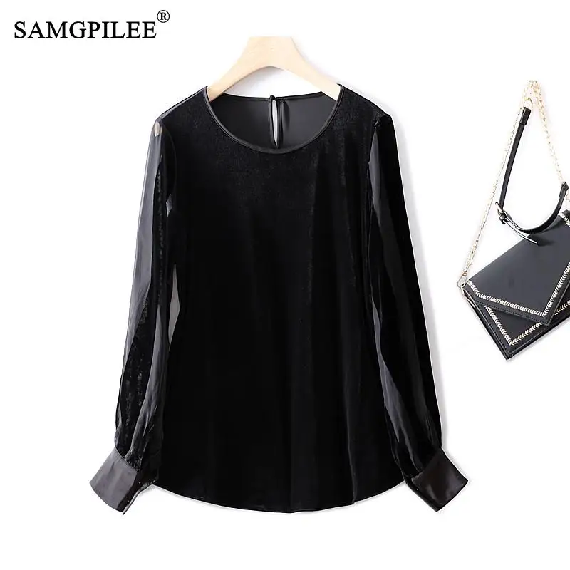 

SAMGPILEE Spring And Autumn 2022 Gold Velvet Stitching Hollow Gauze Lantern Sleeve Round Neck Black Female Oversized T-shirt