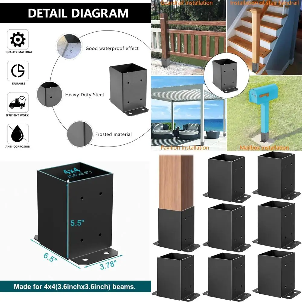4x4 Post Base Brackets, 8-Pack, 3.6x3.6 Inch Anchors for Wood Pavilion and Deck Railing Support