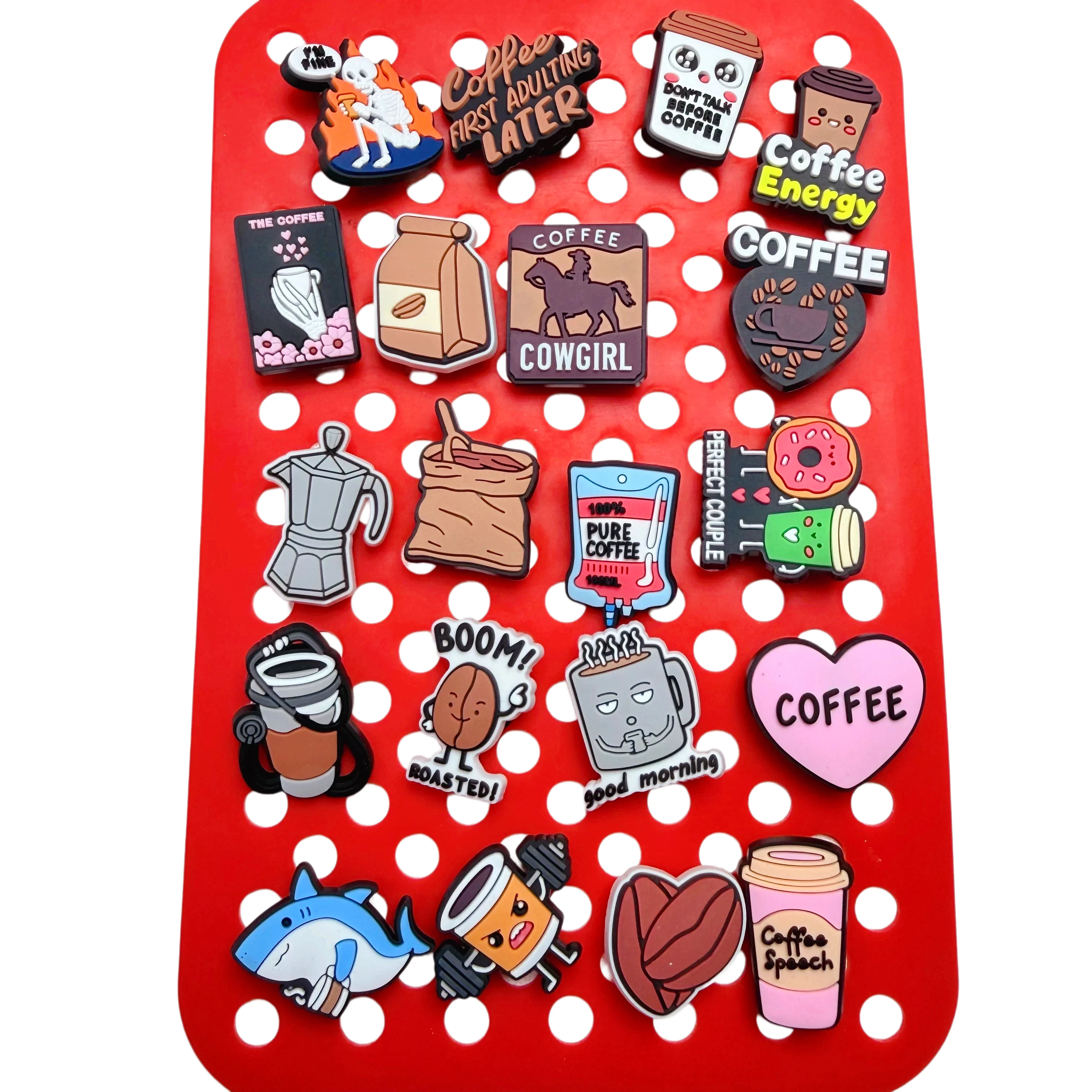 20-100Pcs Coffee First Adulting Later PVC Unisex Shoe Charms Coffee Beans Sandals Accessories Fit Birthday Gifts