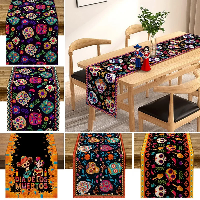 Halloween Table Runner Linen Tablecloth Halloween Party Decorations Day of The Dead Floral Skull Horrible Dining Table Decor