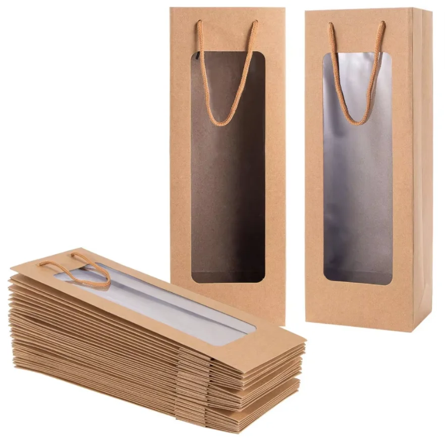 حقيبة هدايا النبيذ مع نافذة، 20 عبوة من أكياس النبيذ الورقية بطول 4.13 بوصة × 3.35 بوصة × 14.2 بوصة لزجاجة النبيذ، حقيبة هدايا بنية لعيد ميلاد السنة الجديدة