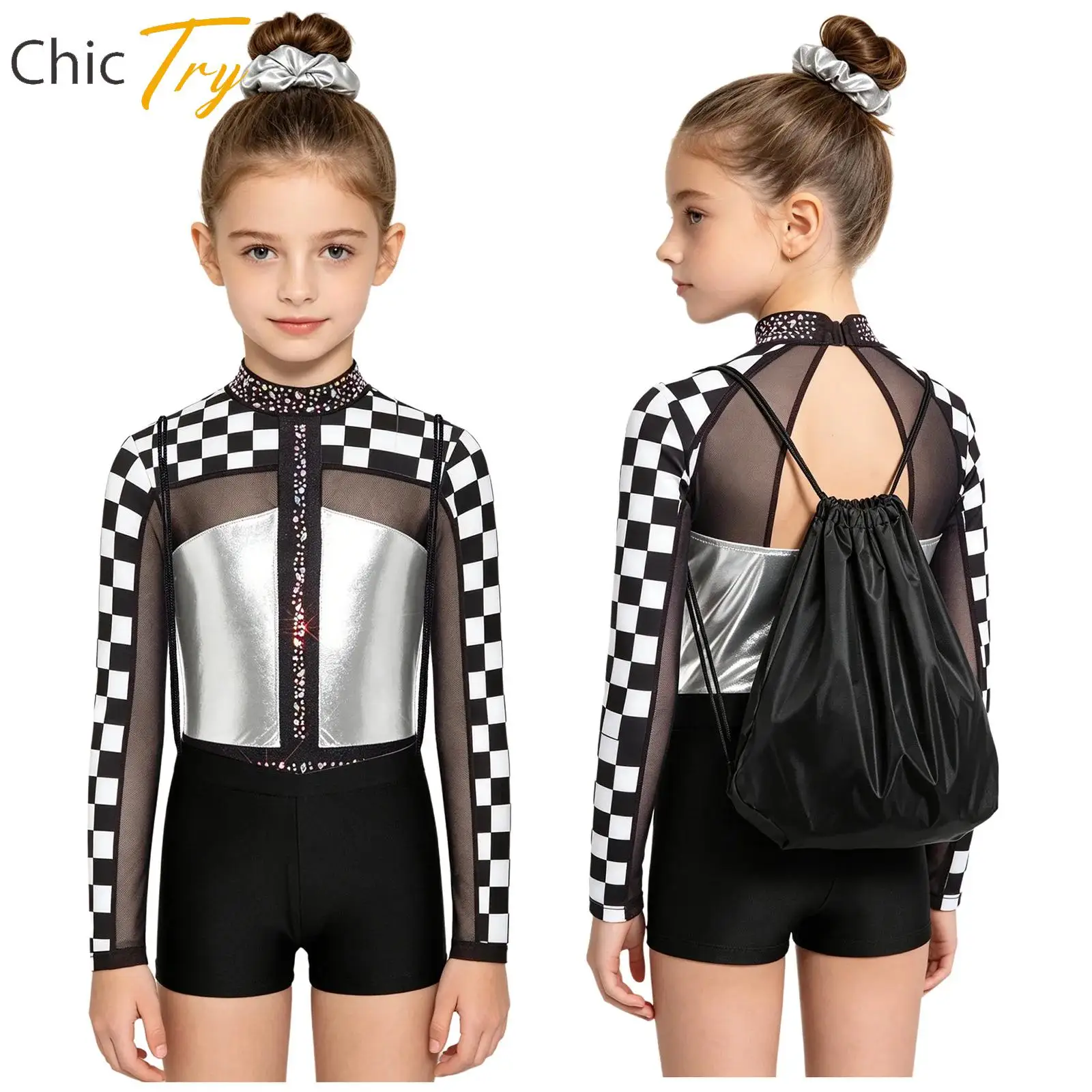 

Rhythmic Gymnastics Figure Skating Outfit Kids Girls Long Sleeve Sparkly Rhinestones Leotard Ballet Dance Performance Clothes