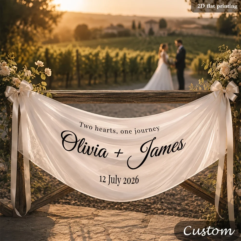 1Pc Custom Text/Name Sheer Tulle Transparent Banner, Includes 2pcs Ribbons,Suitable for Outdoor/Wedding Banquet Hall/Party Decor