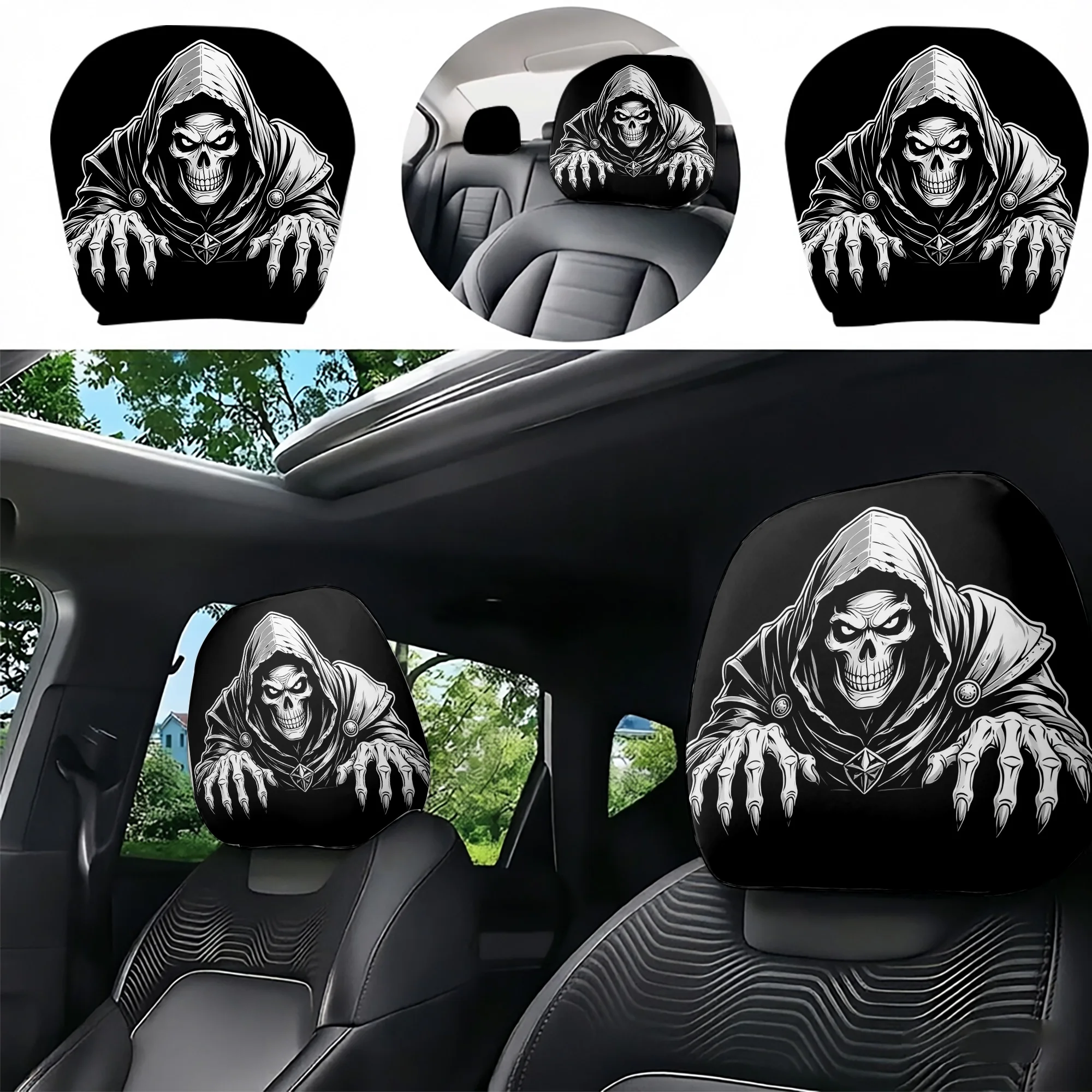 2pcs Grim Reaper-patterned car headrest covers to add an avant-garde vibe to your car interior. Filling not included. Easy to in