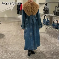 TWOTWINSTYLE Colorblock Patchwork Lace Up Denim Coat For Women Fur Collar Long Sleeve Spliced Pockets Chic Trench Female Fashion