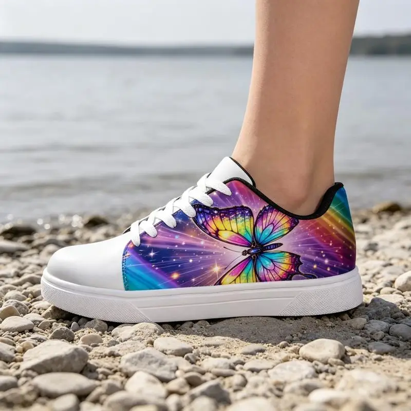 Chaussures de course sur route pour femmes et hommes, baskets blanches avec semelles imprimées, différentes tailles disponibles, motif papillon lumineux, légères.