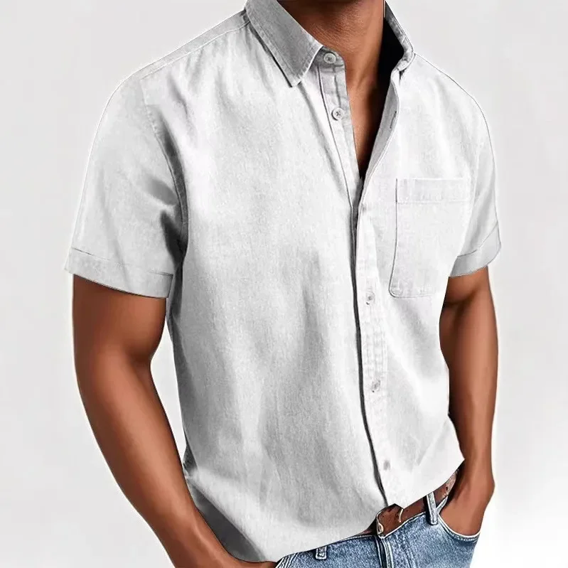 

2025 Summer Men's Turn-down Collar Short Sleeve Pocket Solid Color Shirts Washed Vintage Casual Trendy Single-breasted Shirts