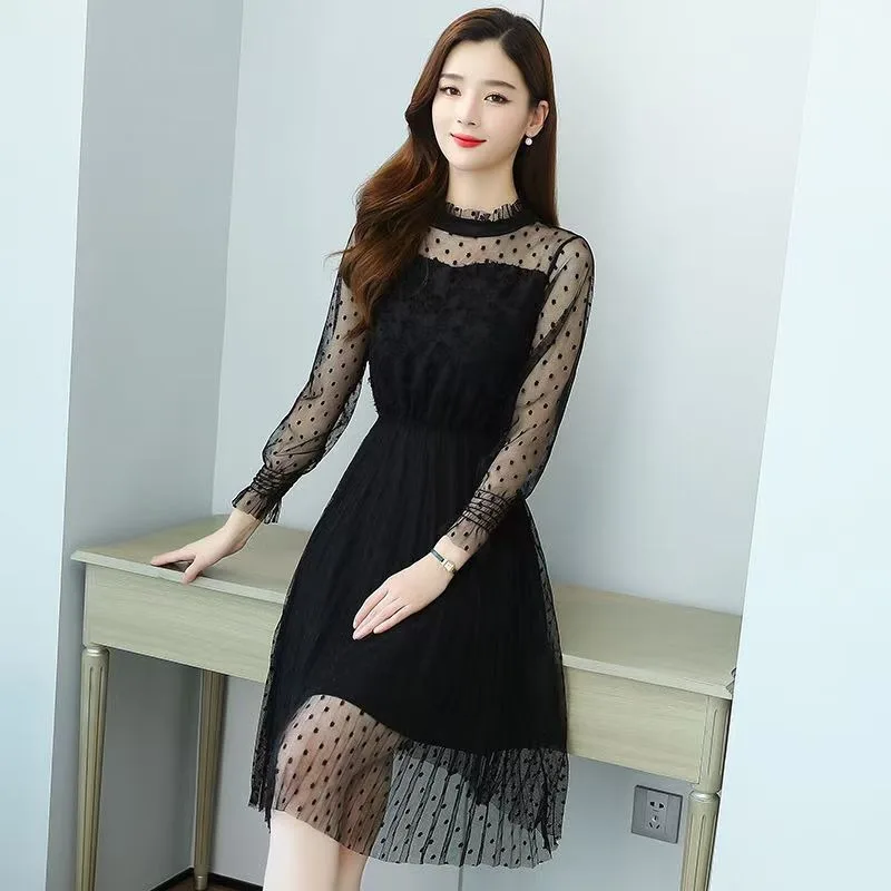 Women Sping Autumn Elegant Dresses Mesh Transparent Sleeves Lace Dress Fashion Polka Dot Dress Party Beachwear New Sexy Dresses