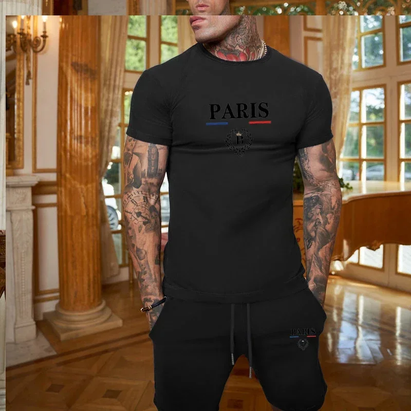 2024 New Summer Men's Fashion Short sleeved T-shirt+Split Shorts 2-piece Set of Sportswear Fashion Jogging Casual Men's Set