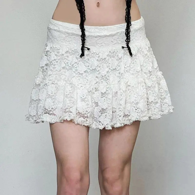 Mini Skirts Lace Skirt Ruffle Tulle Flowy Pleated Layered Short Skirts For Women White Y2k Streetwear Summer Skirt