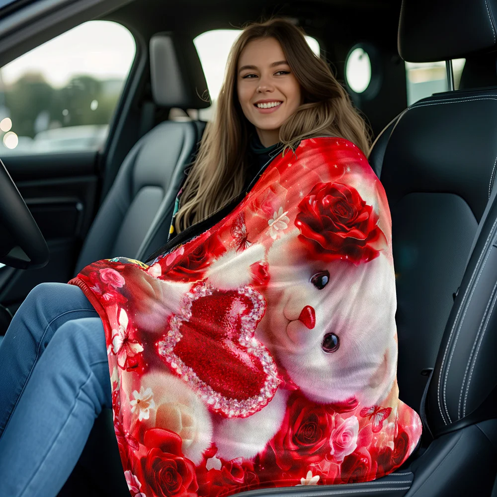3D White teddy bear holding red heart roses butterflies romantic love gift blanket soft cozy bedroom decor Valentine