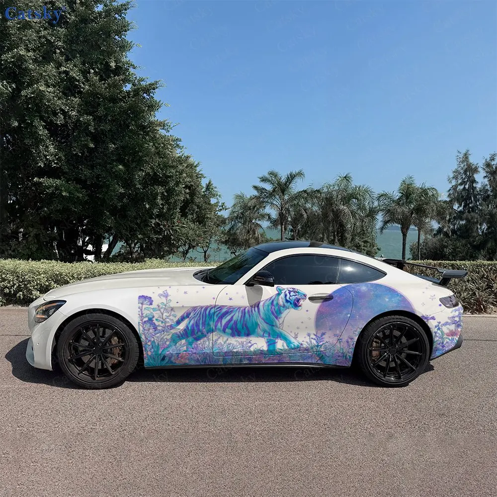 2pcs Moonlit Tiger With Blossoms Car Side Wraps, Self-Adhesive PVC Waterproof & Scratch-Resistant Stickers, Car Accessory Gift