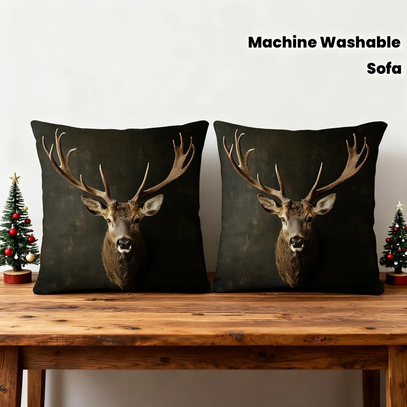 VIKAMA Realistic Stag Deer Head Cushion Case, 3D Antler Print Throw Pillow Cover, Rustic Decorative Pillowcase For Home Sofa