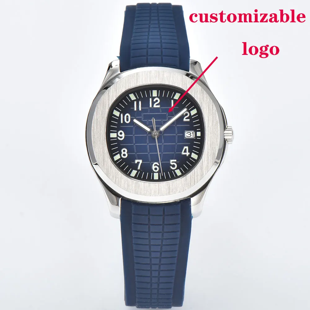 Relógio masculino prateado 42mm, movimento nh35, relógio mecânico automático, vidro de safira, pulseira de borracha, relógio à prova d'água para homens de negócios