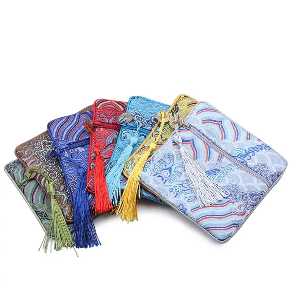 Chinese Style Silk Jewelry Organizer Coin Purse Embroidery Brocade Pouch Blessing Bag Sea Wave Pattern Jewelry Storage Bag