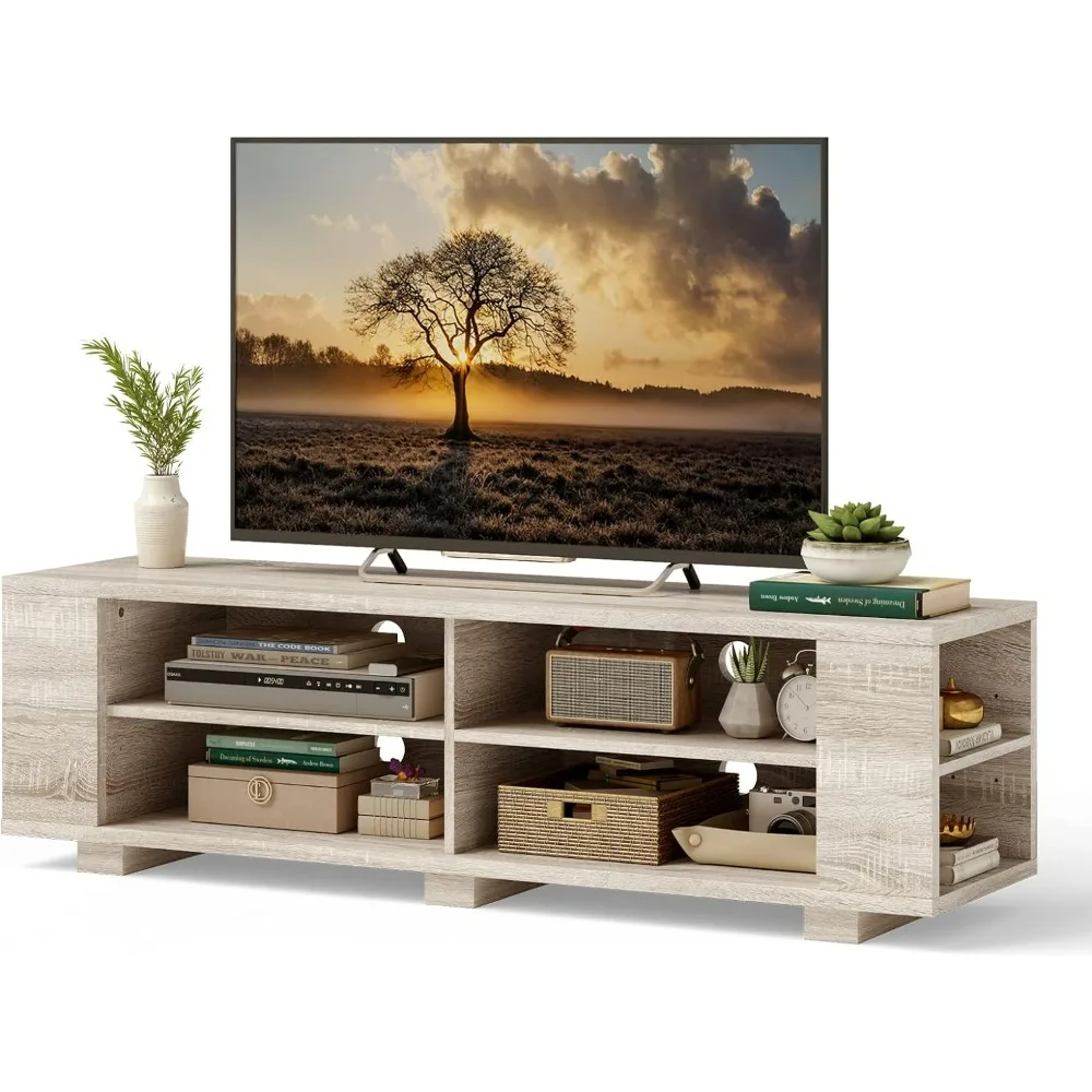 Wooden TV Stand for TVs Up To 65 Inch Flat Screen, Modern Entertainment Center with 8 Open Shelves, Farmhouse TV Storage Cabinet