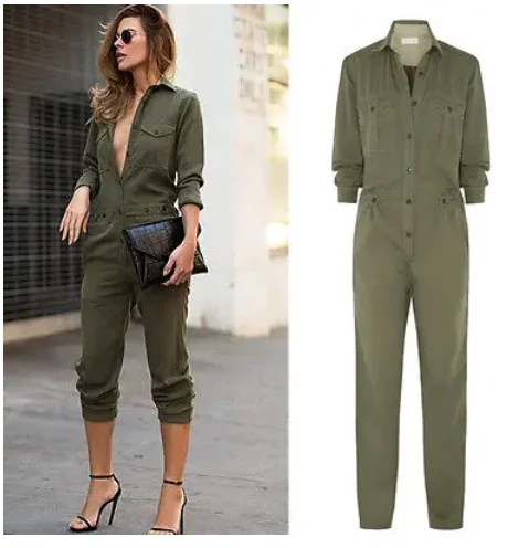 Hot Sale Ladies Sexy Vintage Romper Long Pants Women Slim Bodycon Jumpsuit Long Sleeve Army Green Solid Casual Cargo Pants