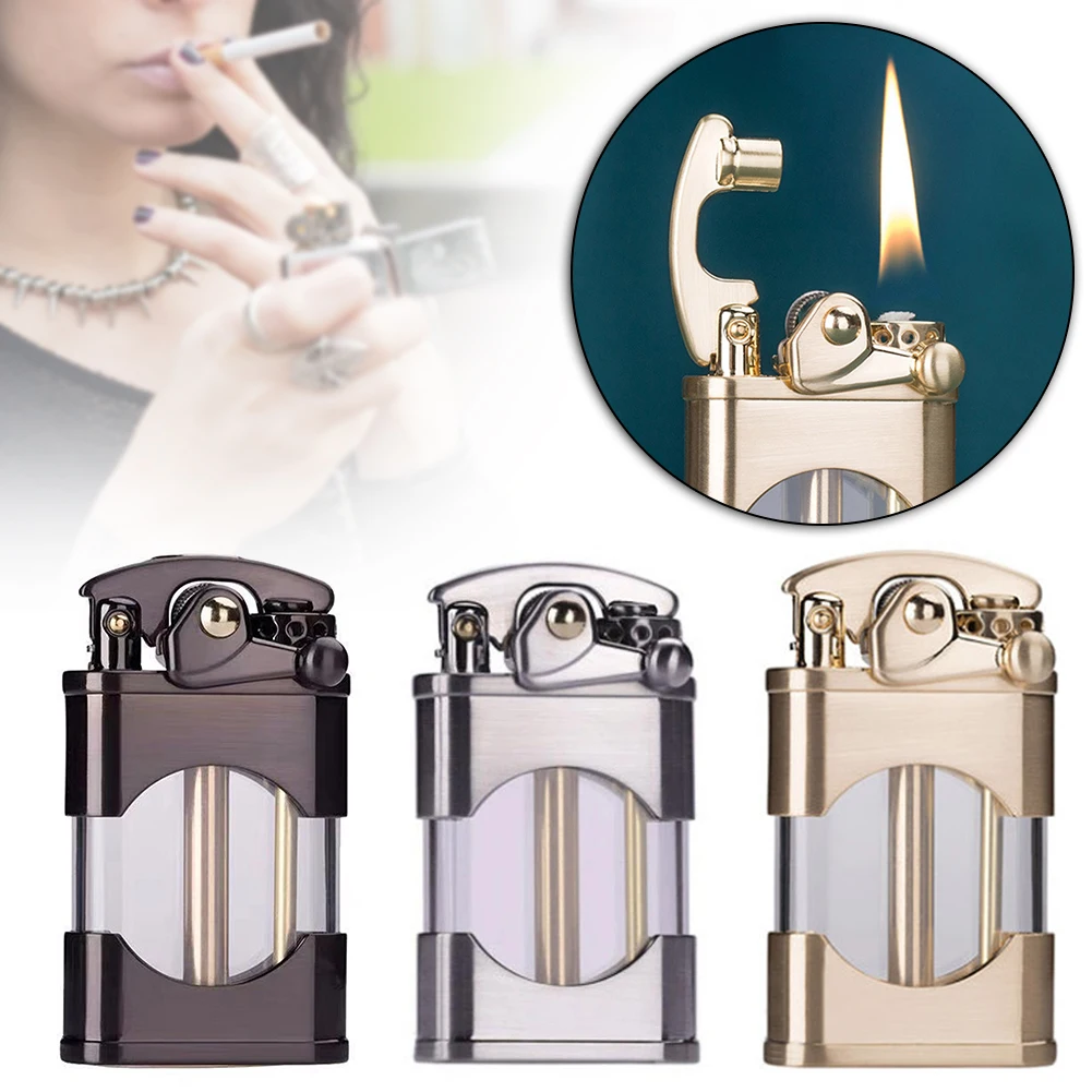

Металлическая зажигалка для керосинов, винтажная антикварная мягкая зажигалка с пламенем, ретро прозрачный масляный бак, мужской подарок