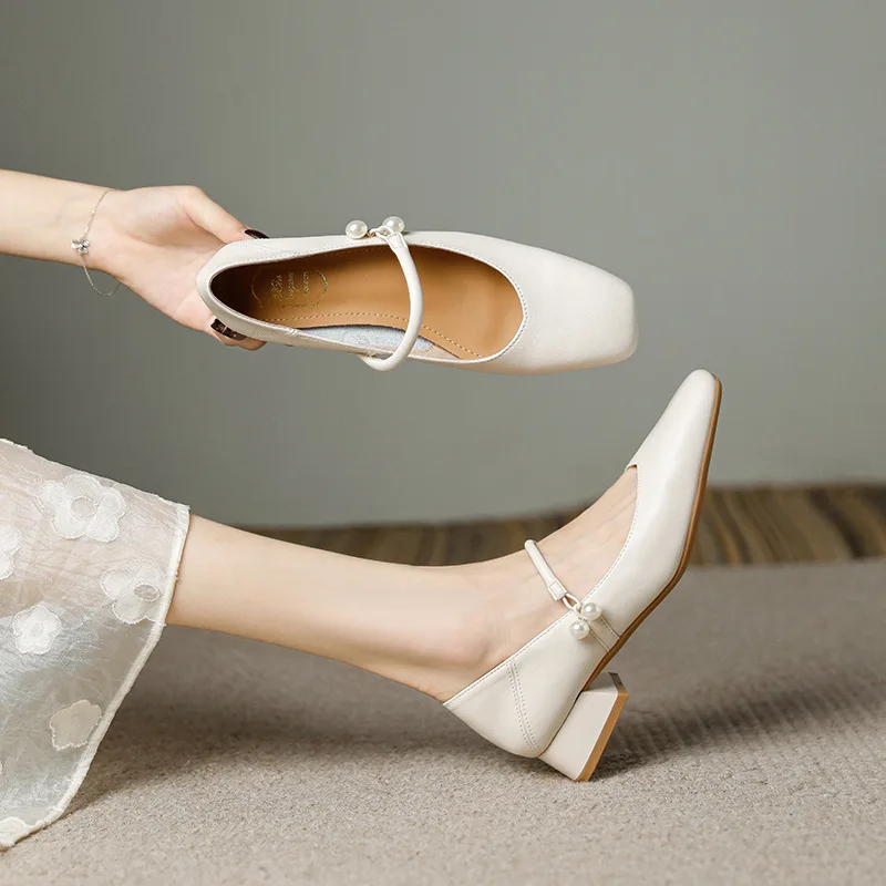 2027 Women's French-style Low-heeled Square-toe Mary Jane Shoes Spring Autumn New Elegant Commute Dress Party Chunky Heels Shoes