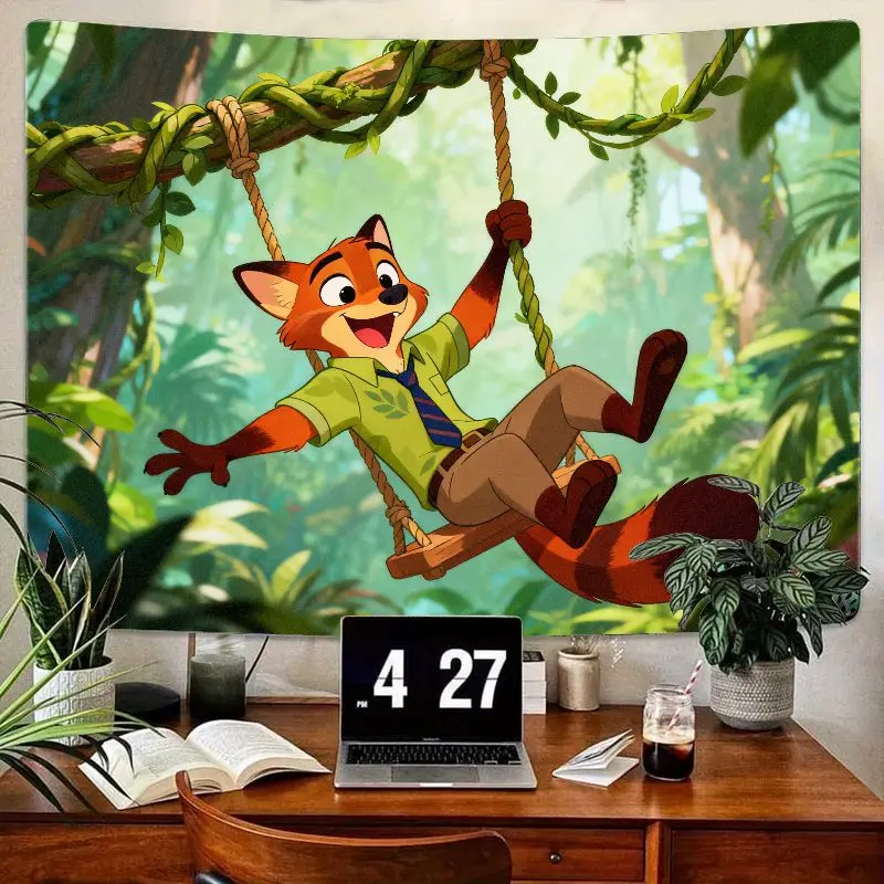 1 шт., гобелен Nick Wilde Fox Jungle Swing, настенное искусство в стиле Zootopia, яркий полиэстер, домашний декор для детской комнаты, спальни, подарок 1 шт., гобелен Nick Wilde Fox Jungle Swing, настенное искусство в стиле Zootopia, яркий полиэстер, домашний декор для детской комнаты, спальни, подарок