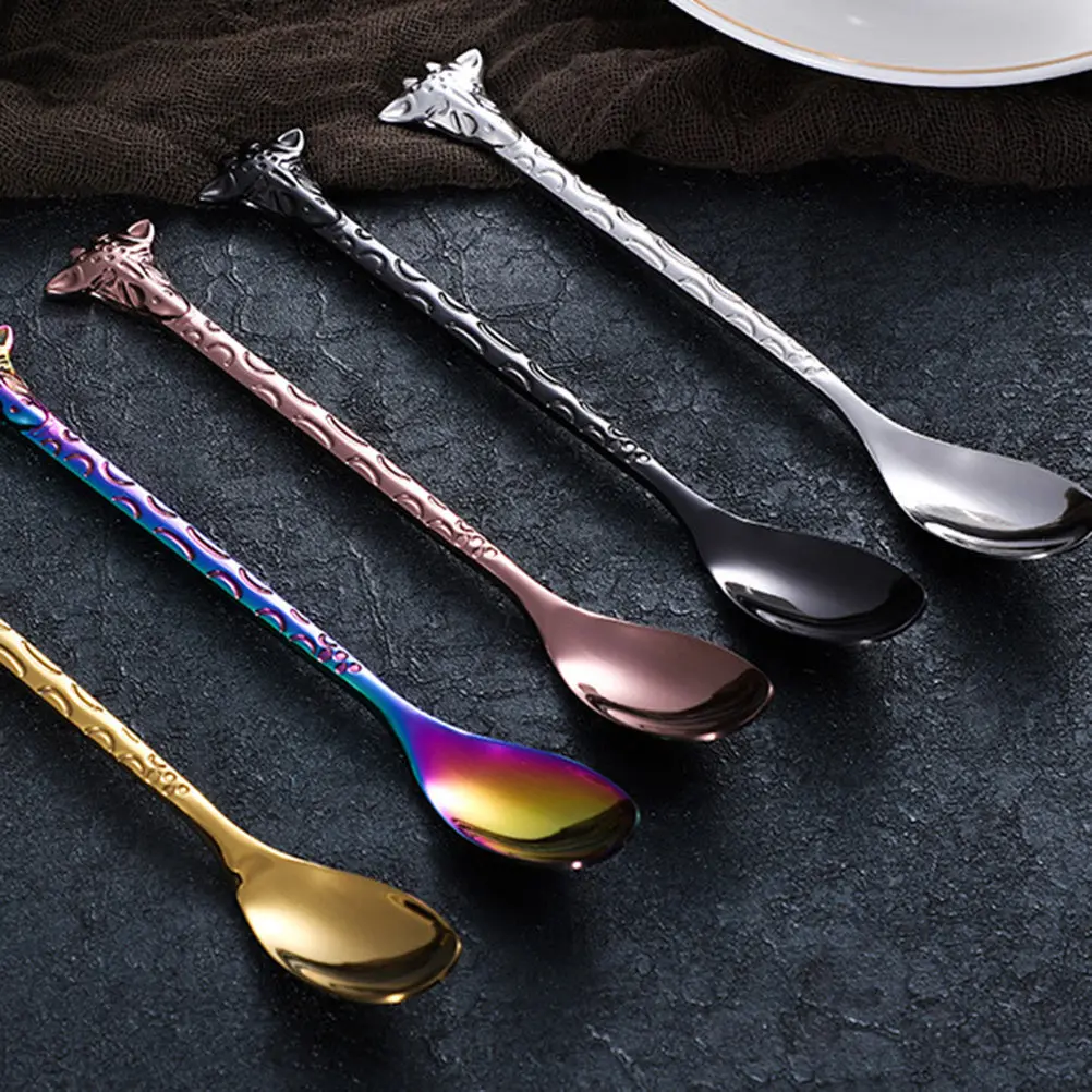 2Pcs Stainless Steel Spoons and Forks Set Cartoon Carved Handle Dessert Spoon Coffee Stirring Spoon Teaspoons for Home